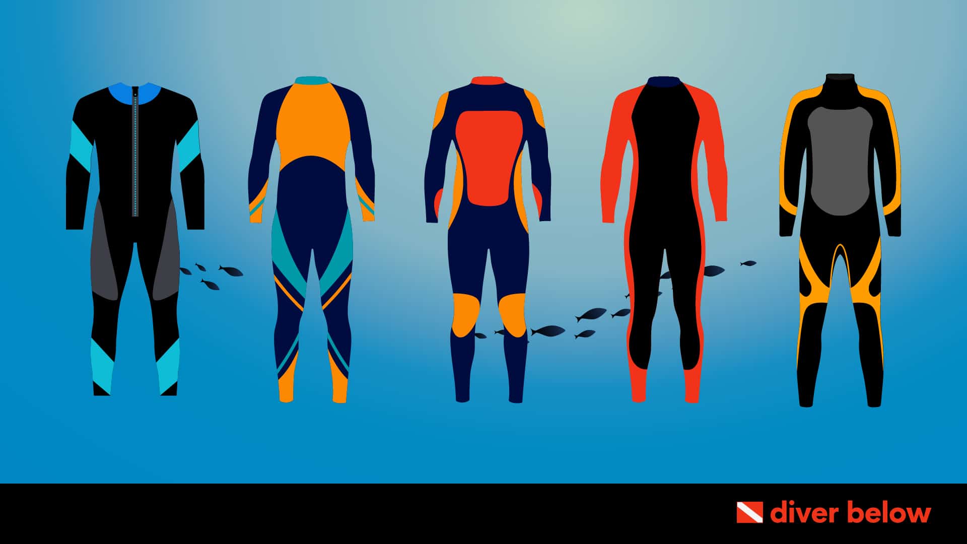 vector graphic showing a collection of the best wetsuits for scuba divers