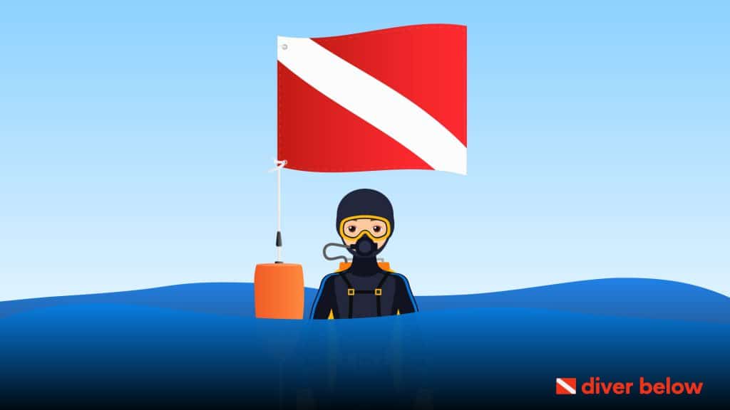 vector graphic showing a diver in a boat with a dive flag overhead of him