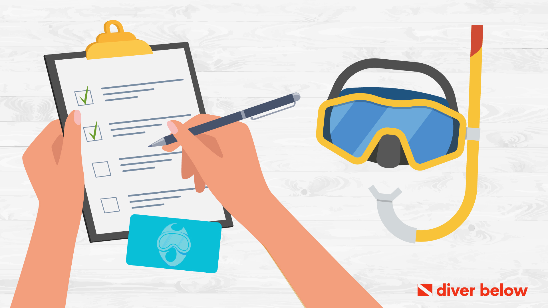 vector graphic showing a scuba mask next to a clipboard used to illustrate dive logging