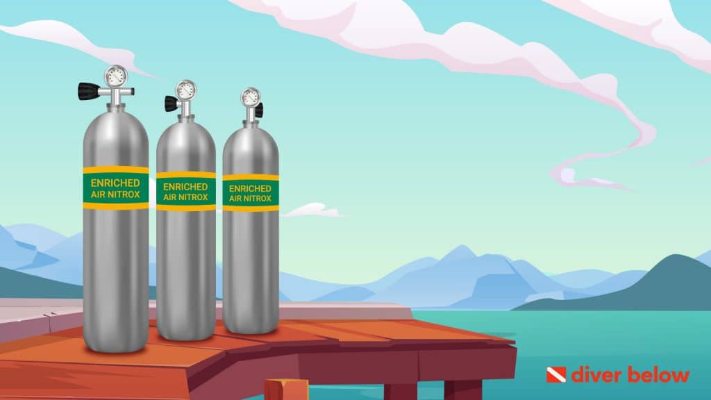 vector graphic showing three nitrox tanks on a dock by the water