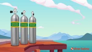 vector graphic showing three nitrox tanks on a dock by the water