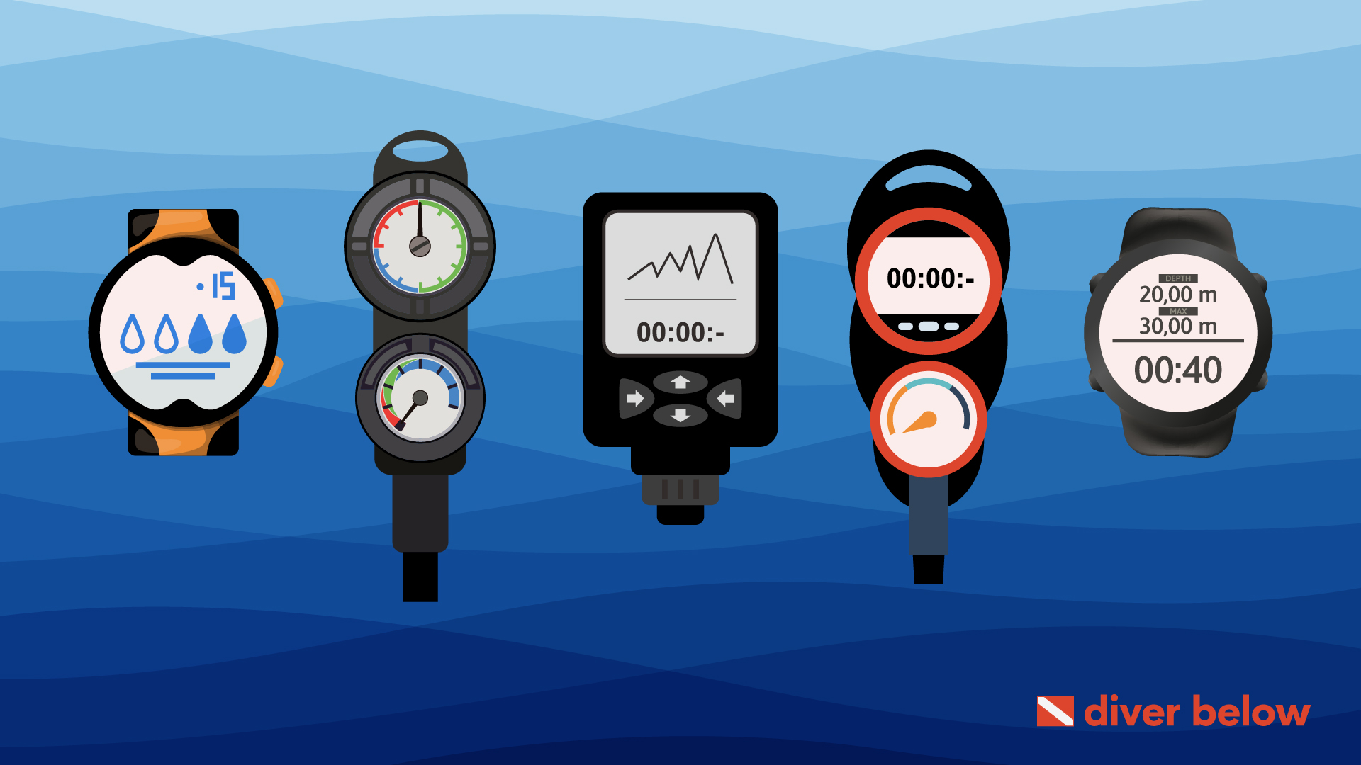 vector graphic showing the best dive computers in generic form side by side