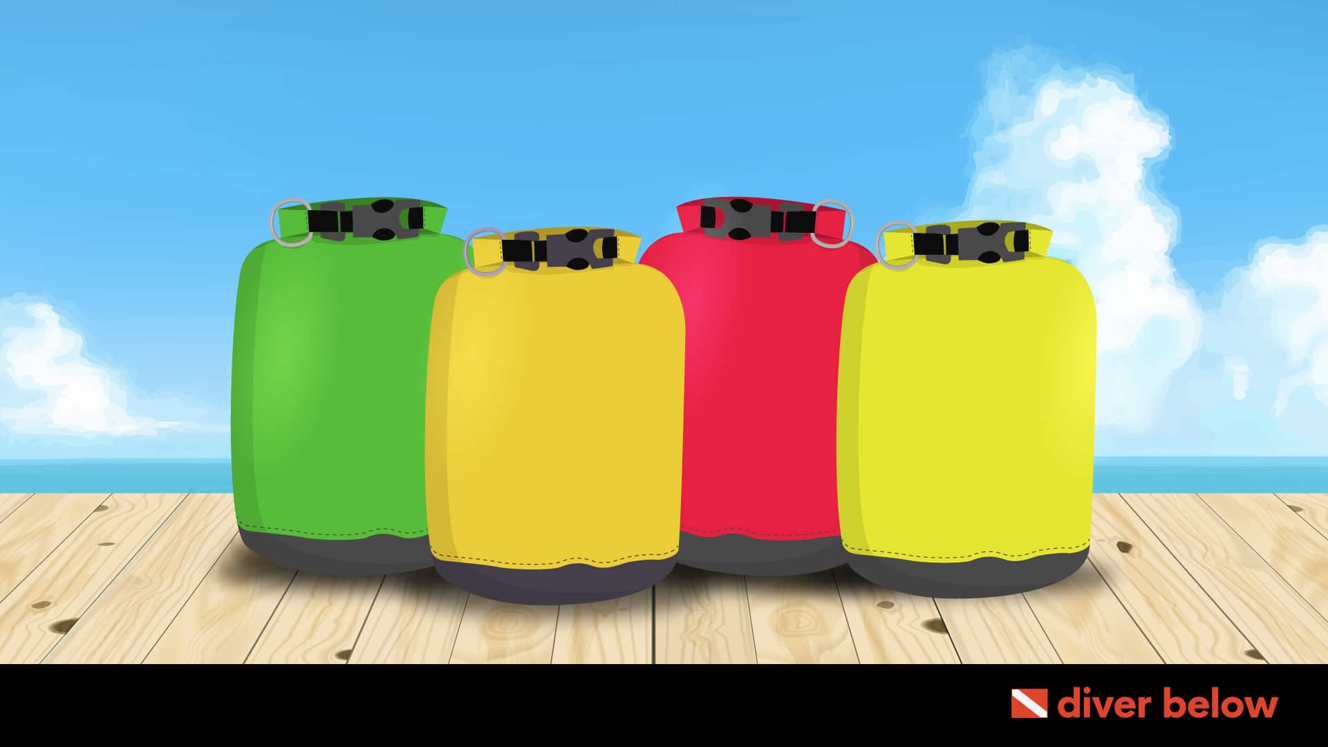 vector graphic showing 4 of the best dry bags lined up side by side on a beach