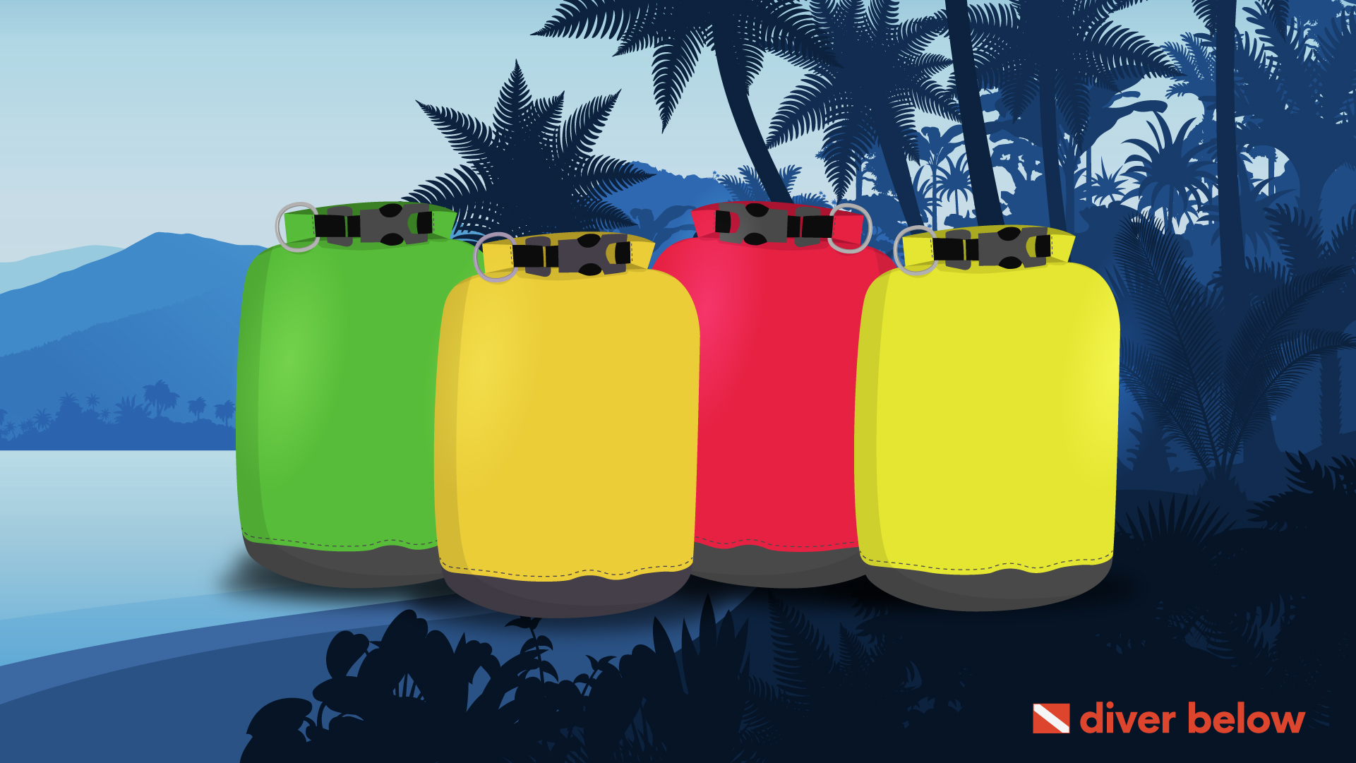 vector graphic showing 4 of the best dry bags lined up side by side on a beach