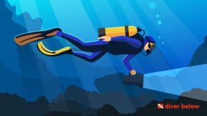 vector graphic showing a scuba diver holding a dive light and navigating through a dark underwater cavern
