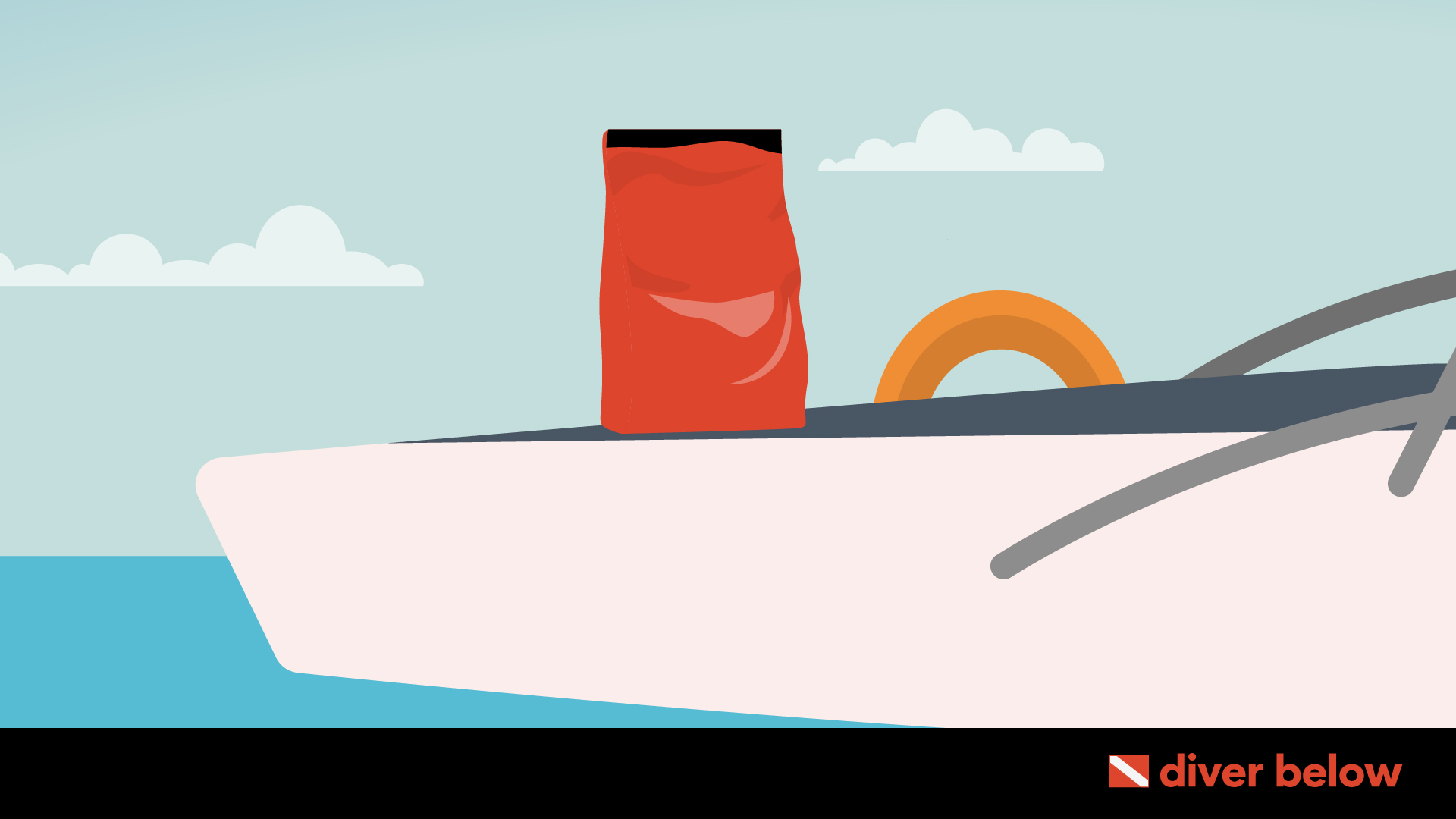 vector graphic showing a dry bag on a dive boat with the water in the background