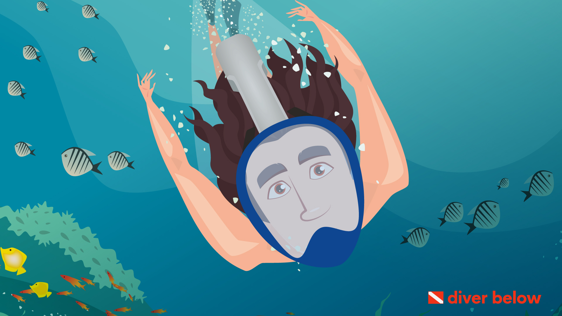 vector graphic showing a woman wearing a full face snorkel mask and snorkeling underwater