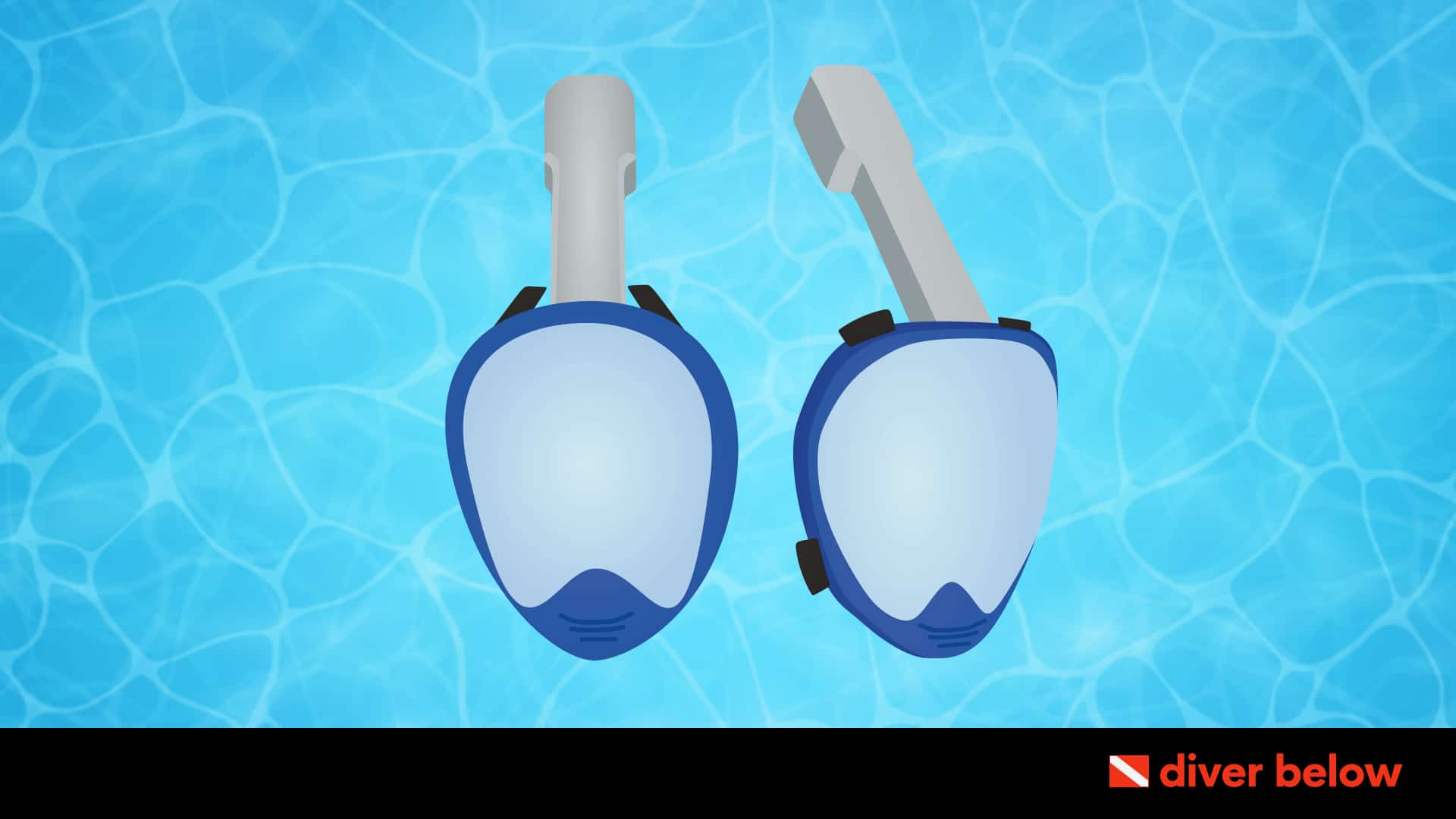 vector graphic showing two full face snorkel masks side by side surrounded by ocean water