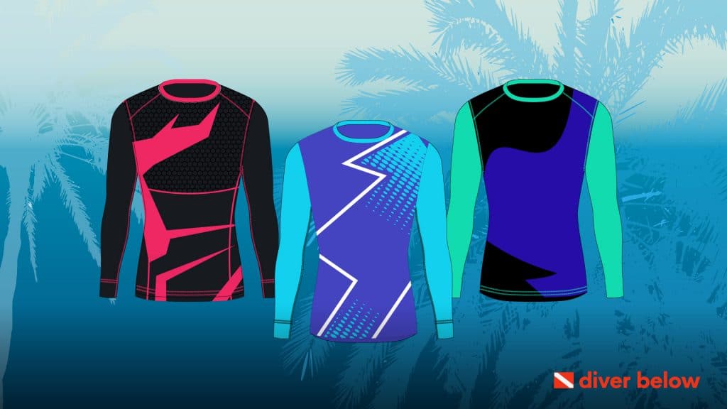 vector graphic showing different types of rash guards against a multicolored background