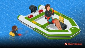 vector graphic showing a diver on a boat in water wondering about a scuba diving weight calculator to find out how much weight she needs