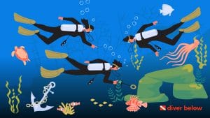 custom vector graphic showing three people scuba diving