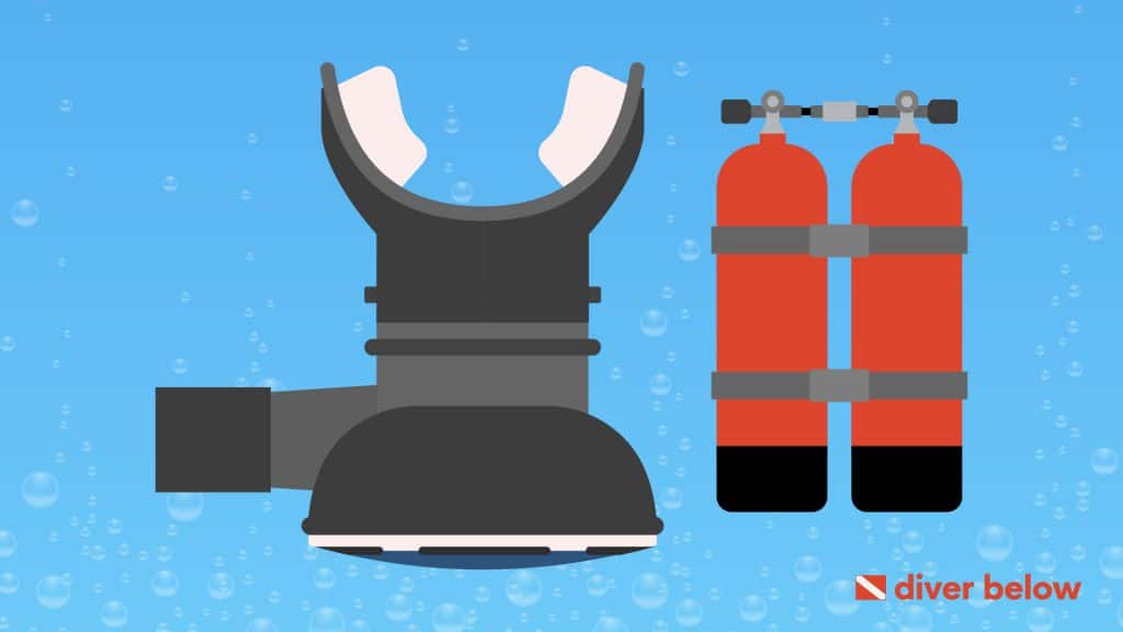 custom vector graphic showing a picture of a scuba regulator and scuba tanks next to one another