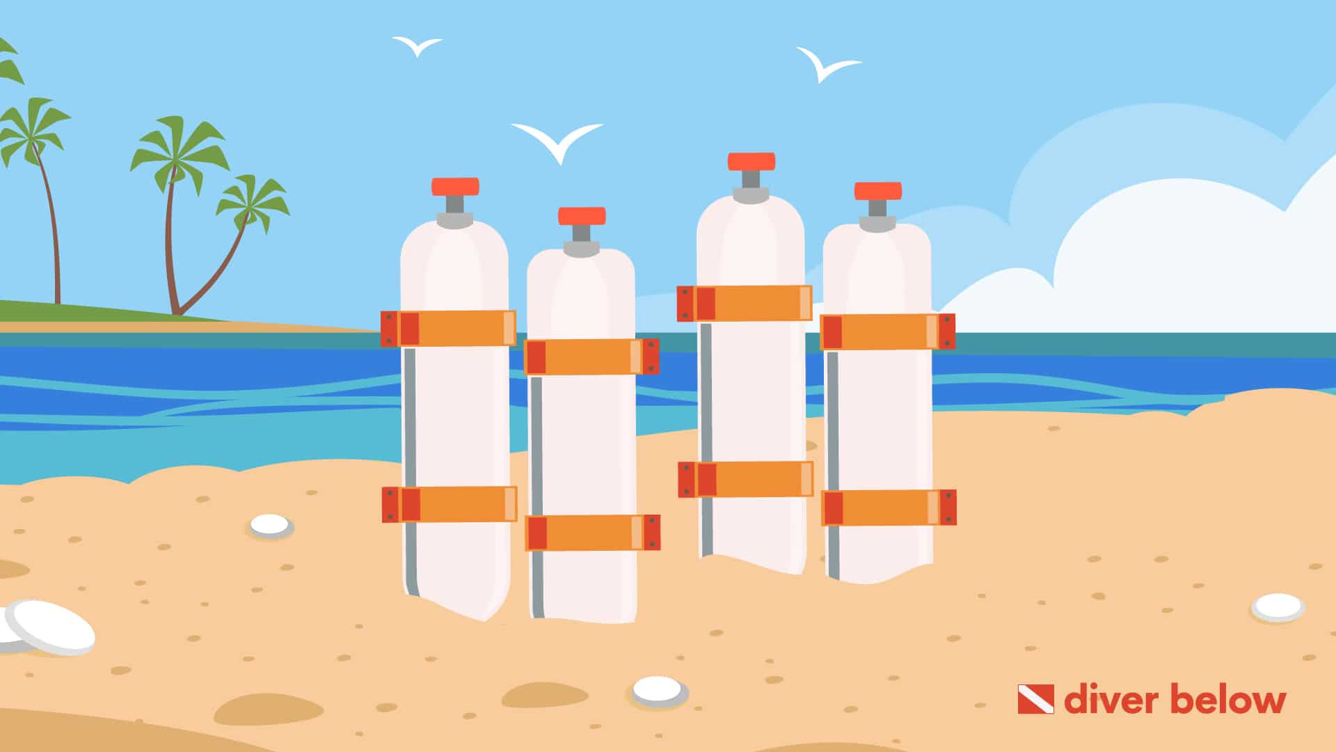 vector graphic showing scuba tanks on a beach right next to the ocean
