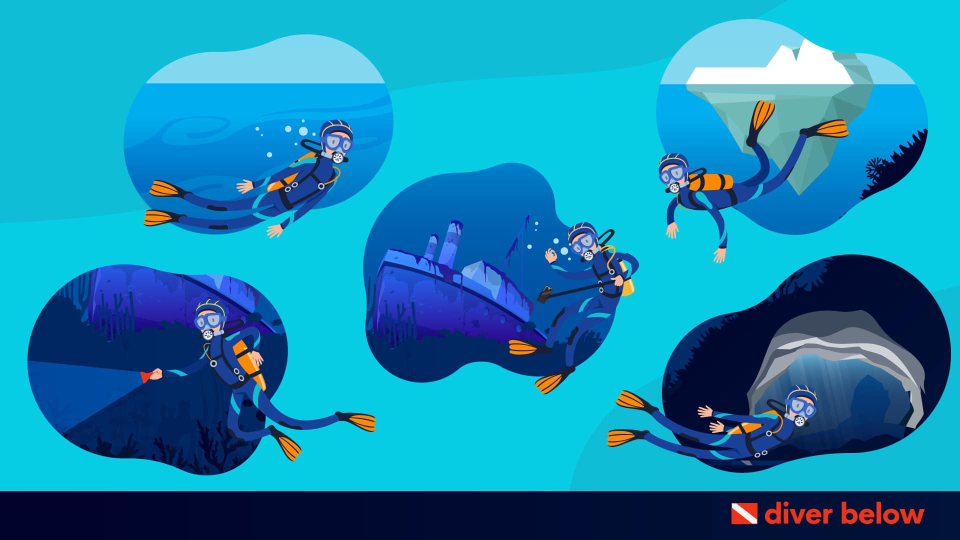 vector graphic showing divers doing different types of scuba diving