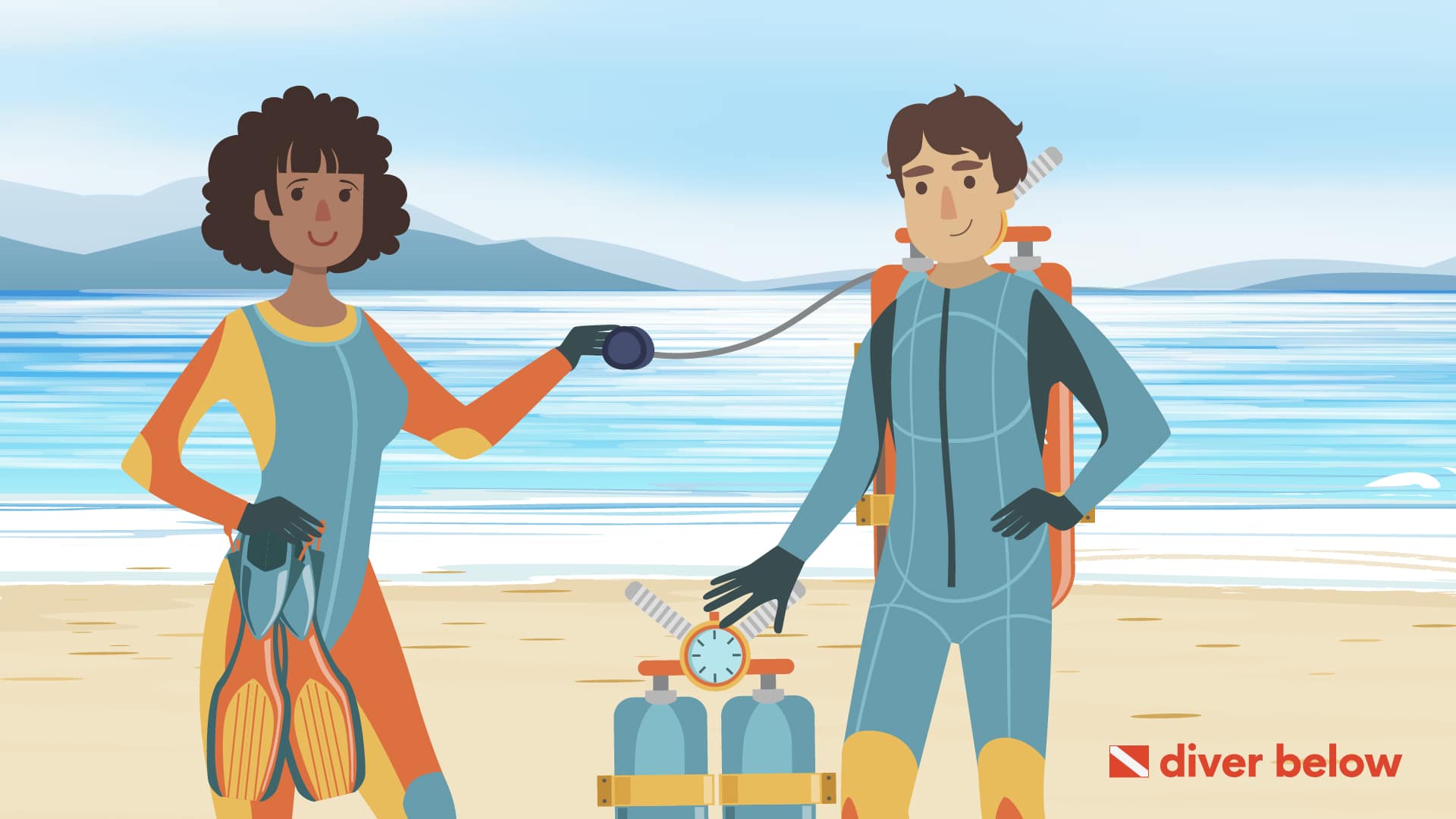 vector graphic showing two scuba divers standing on a beach and doing a buddy check