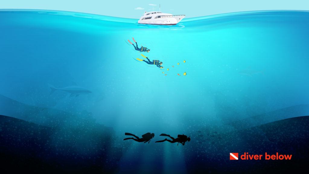 vector graphic showing a diver deep diving in an ocean