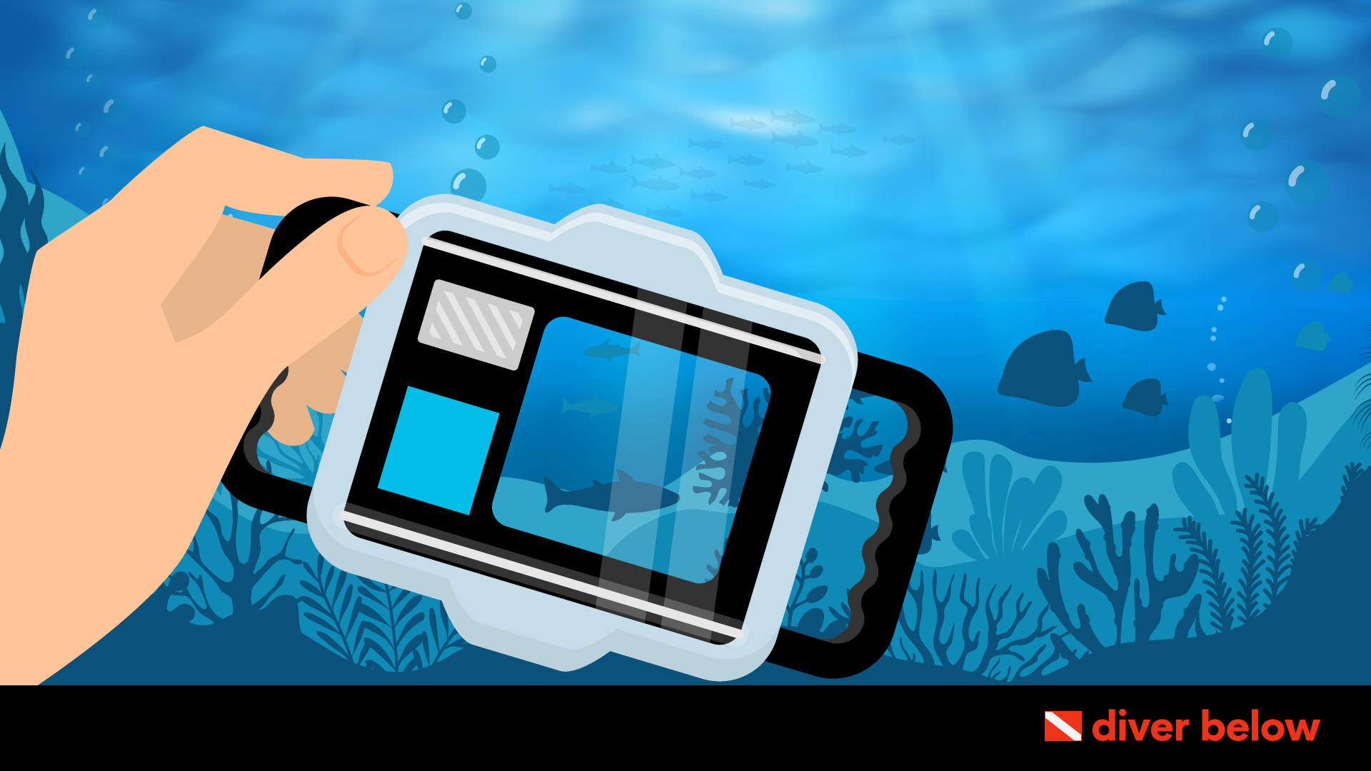 vector graphic showing a hand holding one of the best underwater cameras on the market